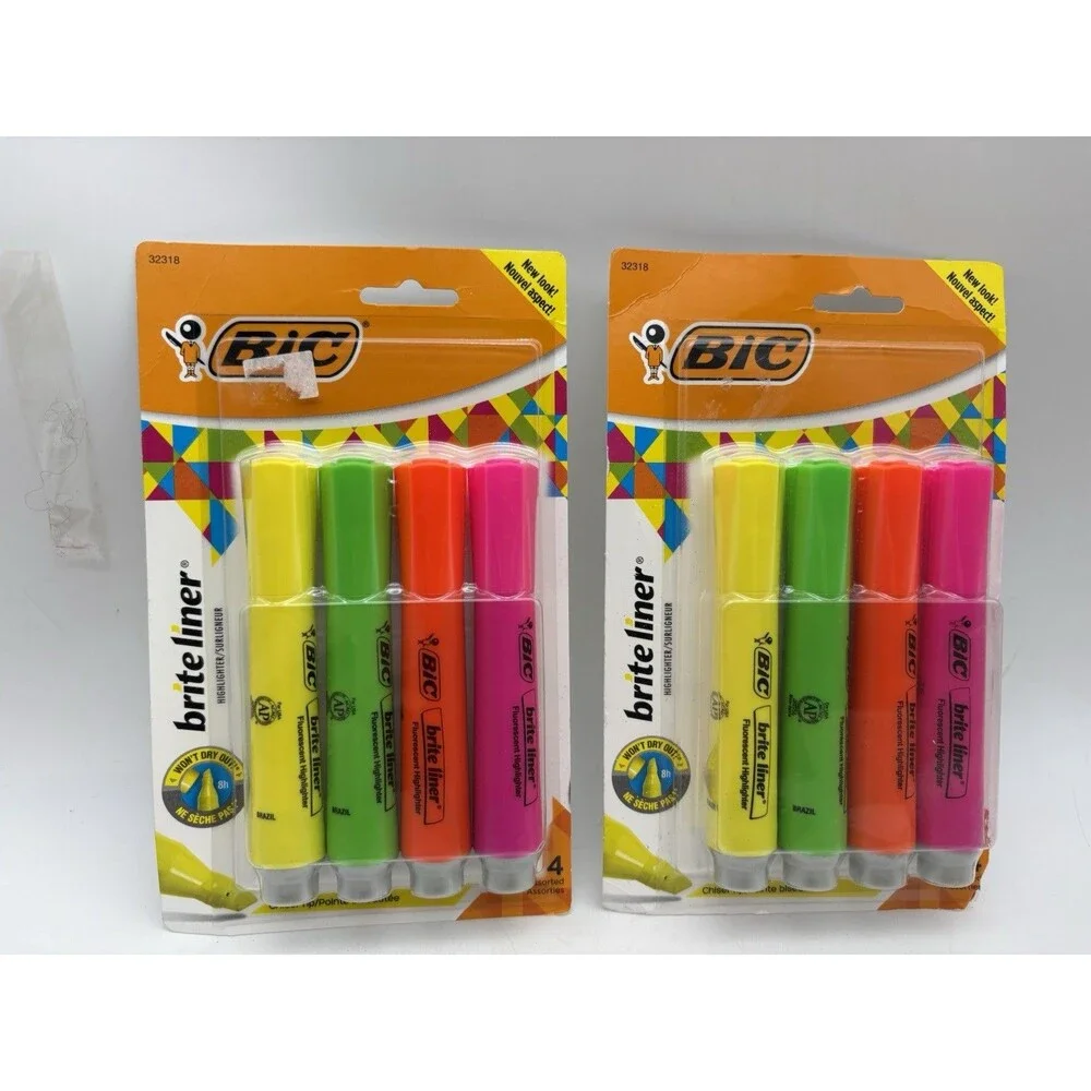 BIC Brite Liner Highlighters 4 Pack Lot of 2 Assorted Colors NOS Sealed 32318